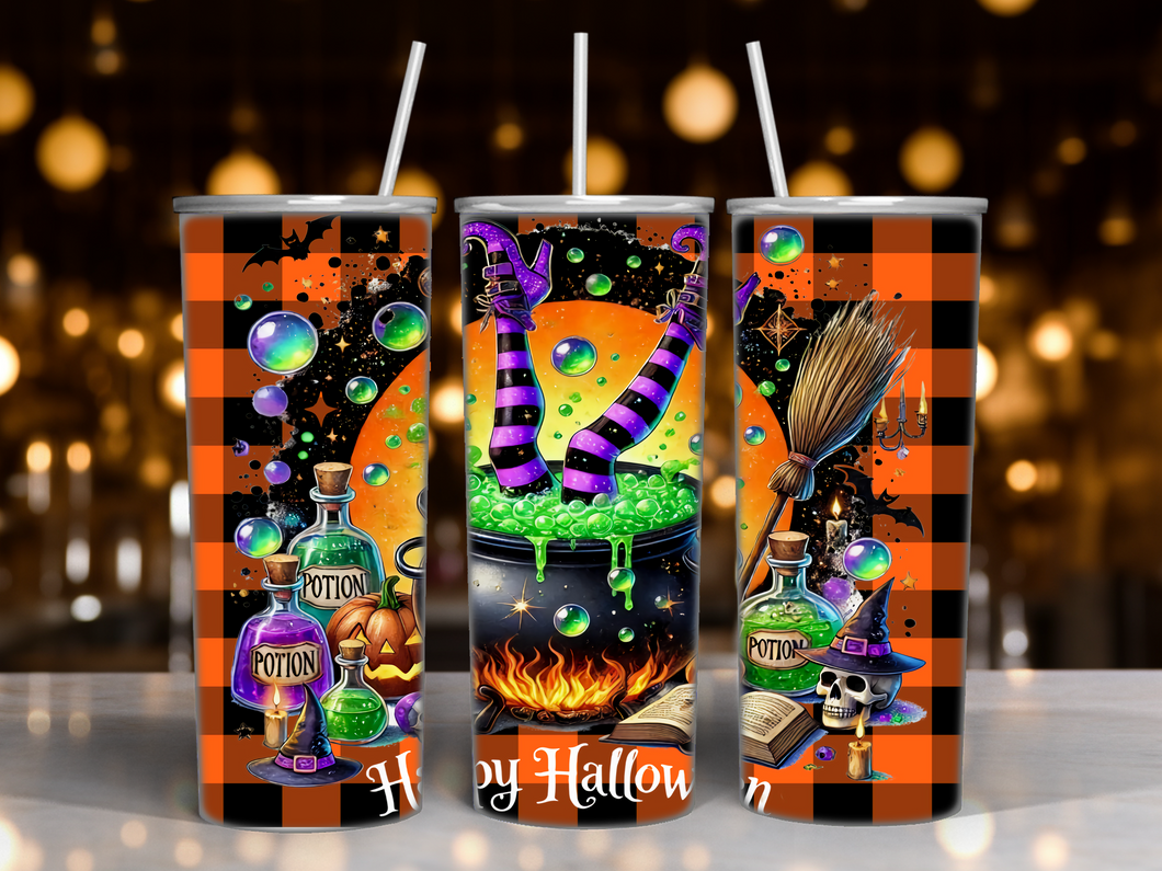 Halloween Witch in Cauldron Potion Orange Plaid Background Brewing Drink Tumbler - 20 ounce