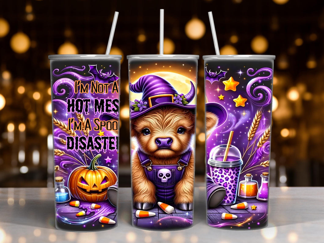 Halloween Baby Highland Cow with Pumpkins I'm Not a Hot Mess I'm a Spook disaster Drink Tumbler - 20 ounce